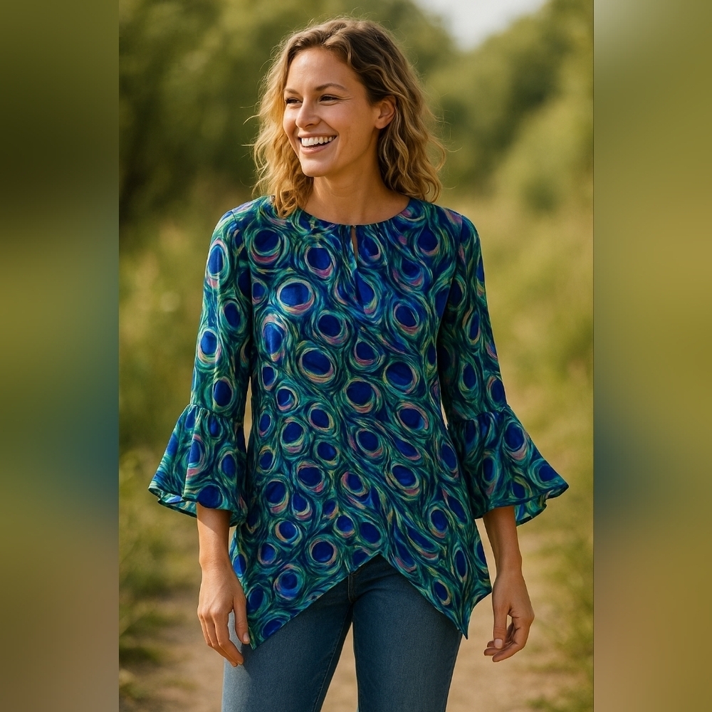 Ala Von Auersperg Colorful Peacock Print Blouse NWOT 100% silk